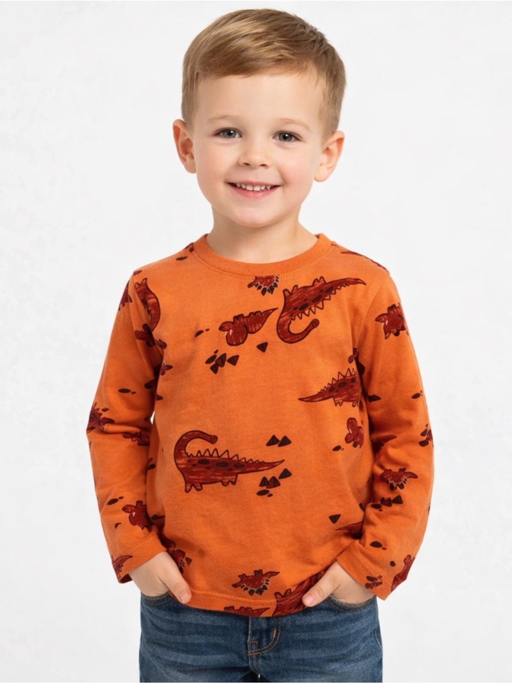 Old Navy Dinosaur Shirt Boys 4T Orange Long Sleeveâ Graphic Tee EUC
